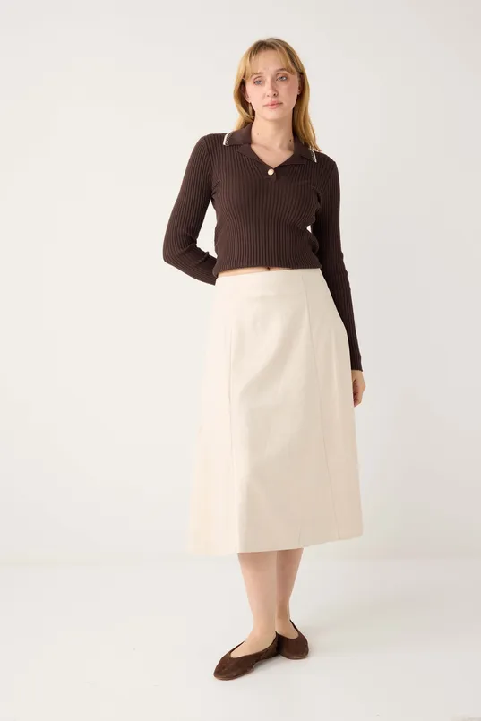 Bayan  Rahat Kesim Normal Bel Beli Fermuarlı Midi Etek